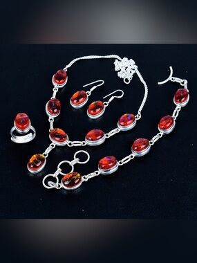 Orange Australian Triplet Opal Jewelry Set, Sterling Silver Oval Gemstone Neckla